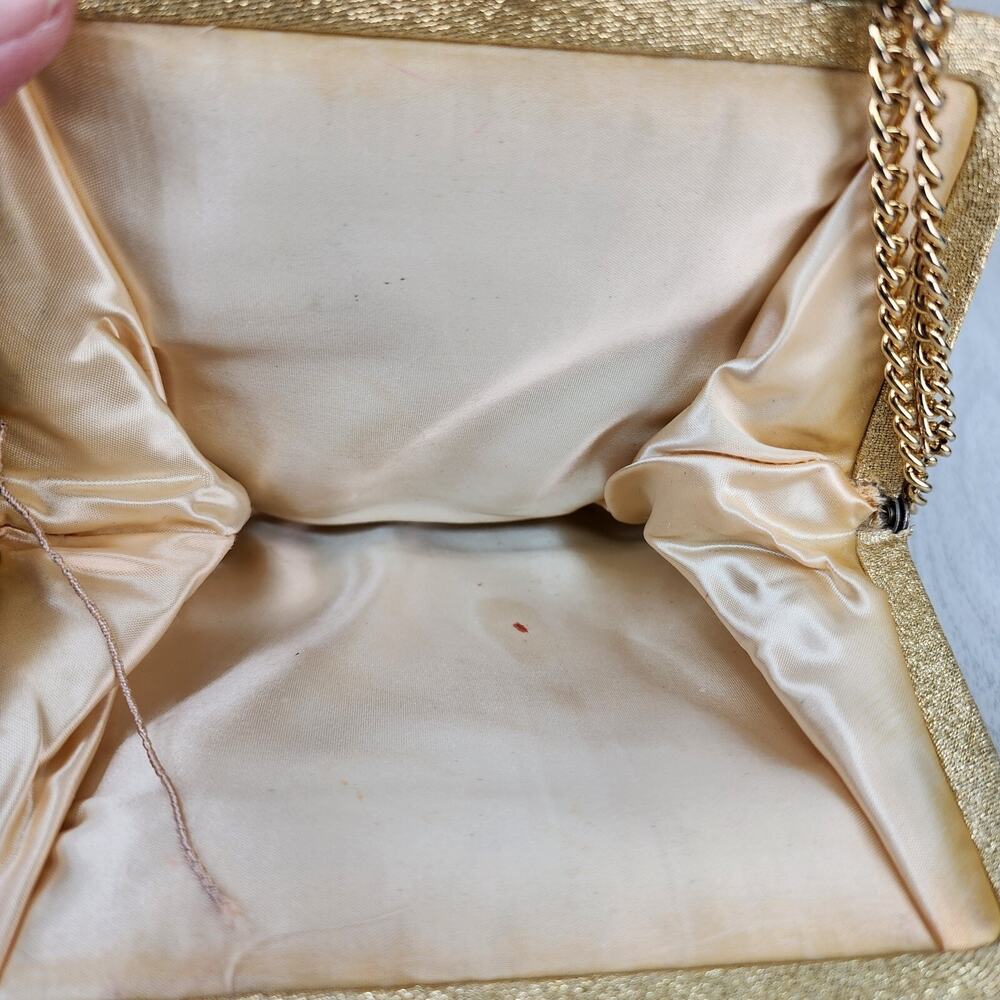 Vintage 60s 70s Gold Lame Evening Clutch Purse 6" Chain Strap Sparkly Holiday - Picture 12 of 16
